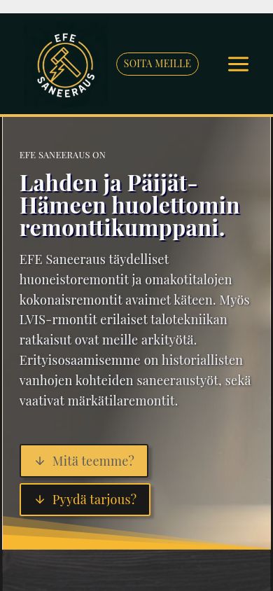 EFE Saneeraus – verkkosivujen mobiilinäkymä