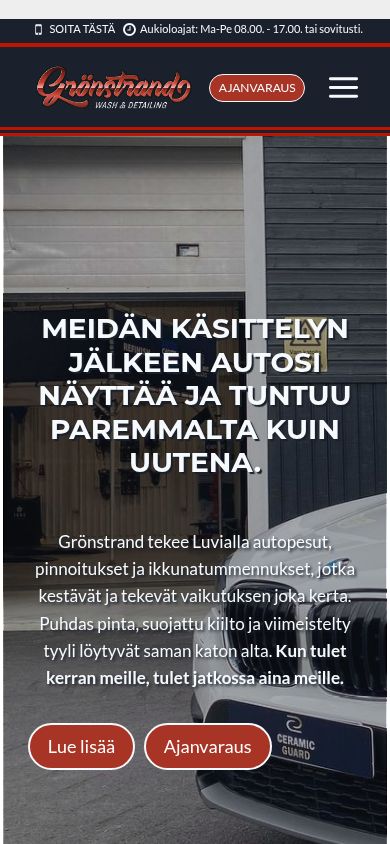 Autopesu Grönstrand – verkkosivujen mobiilinäkymä